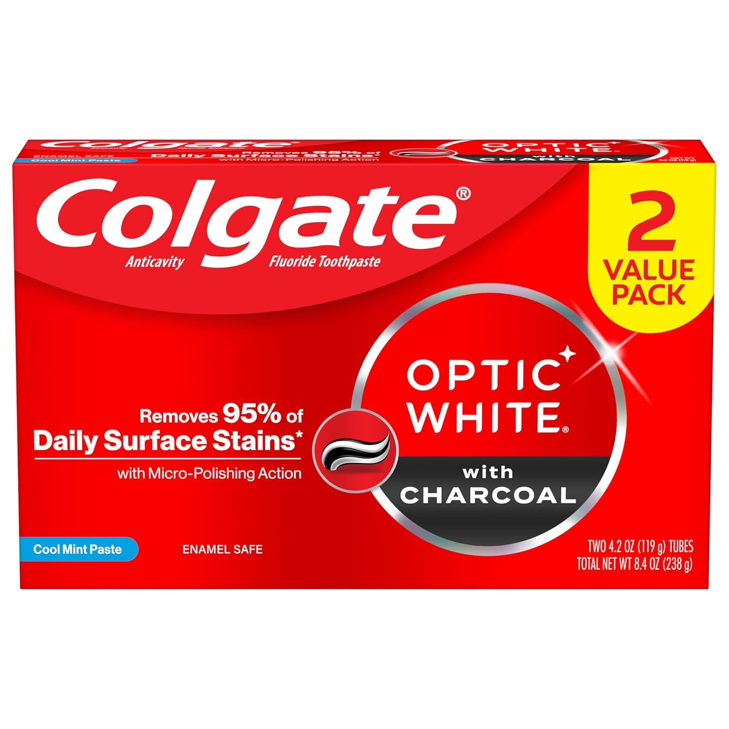 Colgate Optic White Charcoal Whitening Toothpaste, Cool Mint, Enamel-Safe With Fluoride, 2 Pack 4.2Oz Tubes