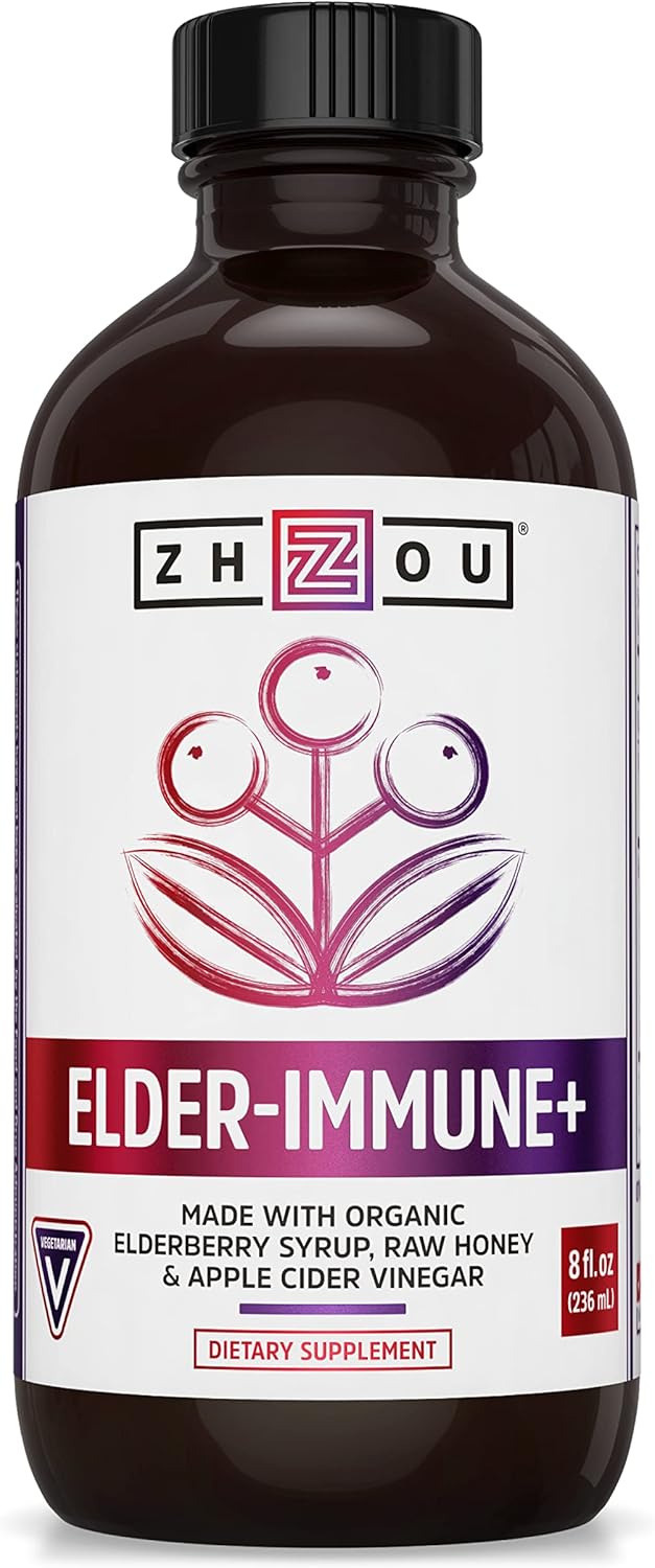 Zhou Nutrition Elderberry Syrup, Immune System Booster With Organic Elderberry Syrup, Raw Honey Apple Cider Vinegar, 8 Fl Oz