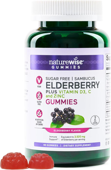 Naturewise Sambucus Elderberry Gummies - Sugar-Free - Daily Immune Support Supplement For Kids And Adults*, With Vitamin C, D3, Zinc - Vegan, Gluten Free, Non-Gmo - 90 Count[45-Day Supply]