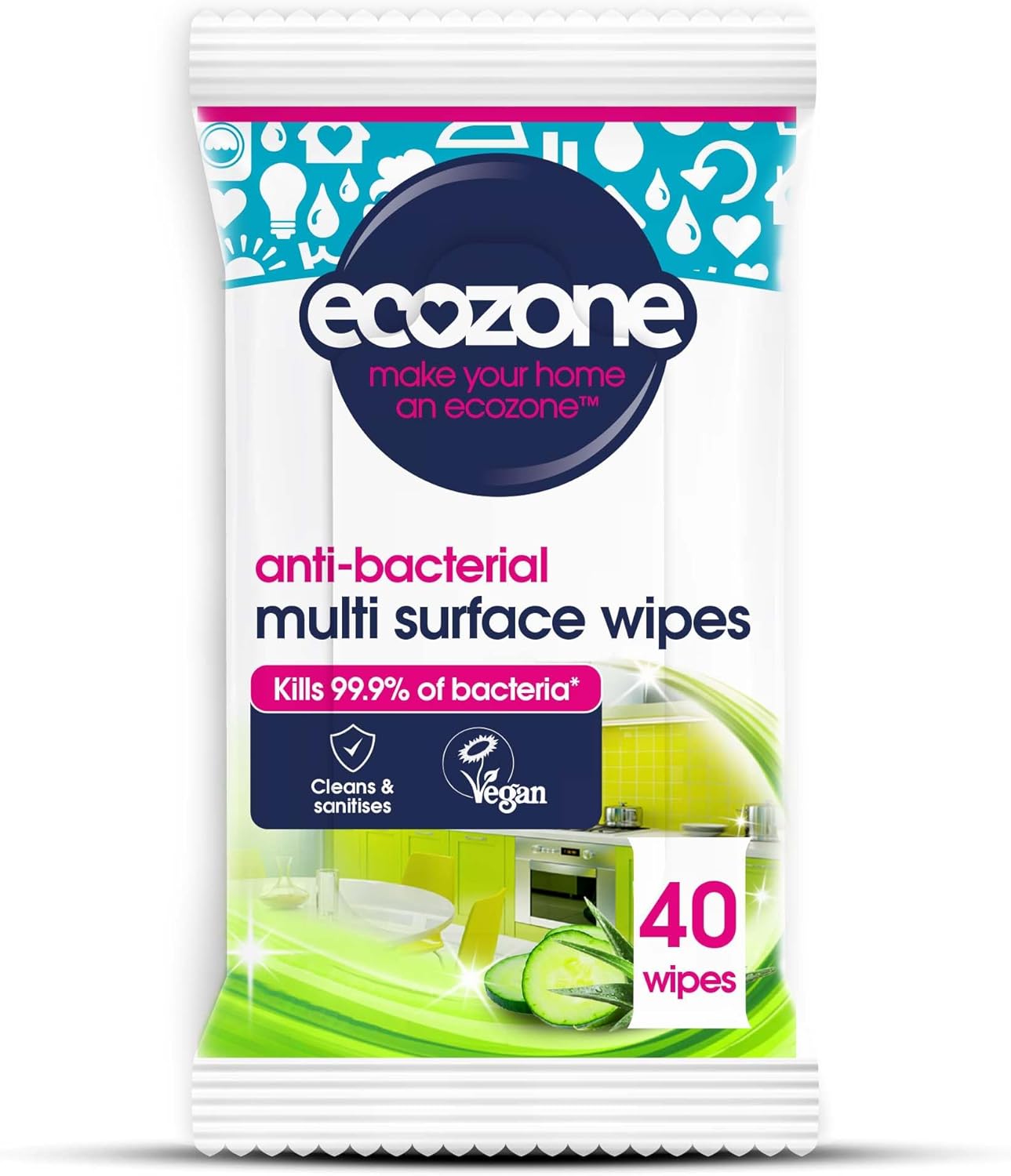 Ecozone Anti-Bacterial Multi-Surface Wipes, Biodegradable Moist Wet Anti Bac Disposable Cleaning Cloths, Sanitising Worktop Natural Vegan Friendly Non Toxic Wipes, Aloe Vera & Cucumber (40 Pack)