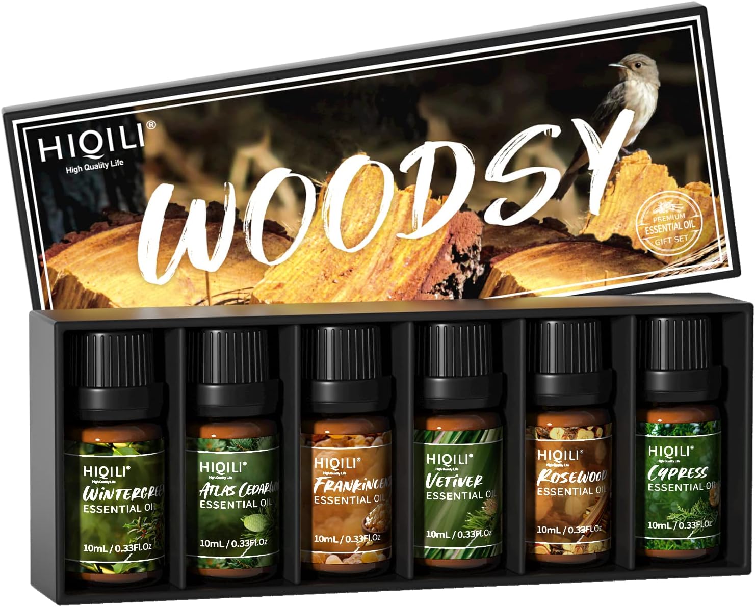 HIQILI 100% Pure Woodsy Essential Oil Set, 6x10ml, Cedarwood, Wintergreen, Frankincense, Vetiver, Rosewood, Cypress - Aromatherapy, Massage, Skin Beauty, Perfume, Gifts