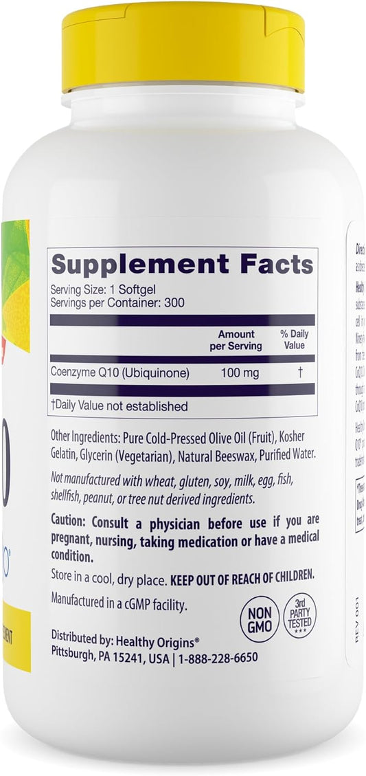 Healthy Origins Natural CoQ10 (Kaneka Q10), 100 mg - Heart Health & Energy Supplement - Gluten-Free & Non-GMO Supplements - 300 Softgels