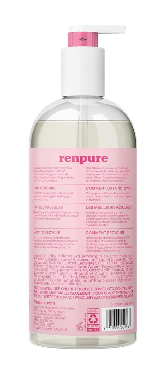 Renpure Plant-Based Rose Hydrating Shampoo For Dry Hair - Sulfate-Free, Paraben-Free, Cruelty-Free & Color-Safe - Naturally Moisturizing & Refreshing For Women