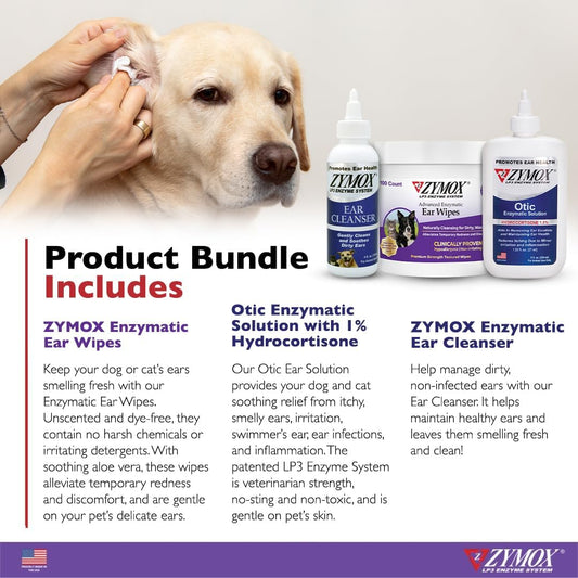 Zymox Enzymatic Ear Wipes, Ear Cleanser, & Otic Ear Solution For Dogs And Cats - Product Bundle - For Dirty, Waxy, Smelly Ears And To Soothe Ear Infections, 100 Ct, 4 Oz And 8 Oz