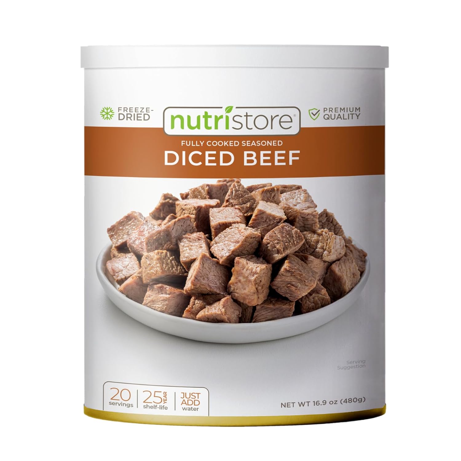 Nutristore Freeze Dried Beef Dices | Pre-Cooked Meat for Backpacking, Camping, Meal Prep | Long Term Survival Emergency Food Supply | 25 Year Shelf Life | Bulk #10 Can | Made in USA | 20 Servings