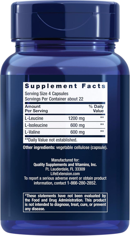 Life Extension Branched Chain Amino Acids - Bcaa Supplement - Essential Nutrition L-Leucine, L-Isoleucine, L-Valine For Muscle Recovery Support After Workout - Gluten & Gmo Free - 90 Capsules