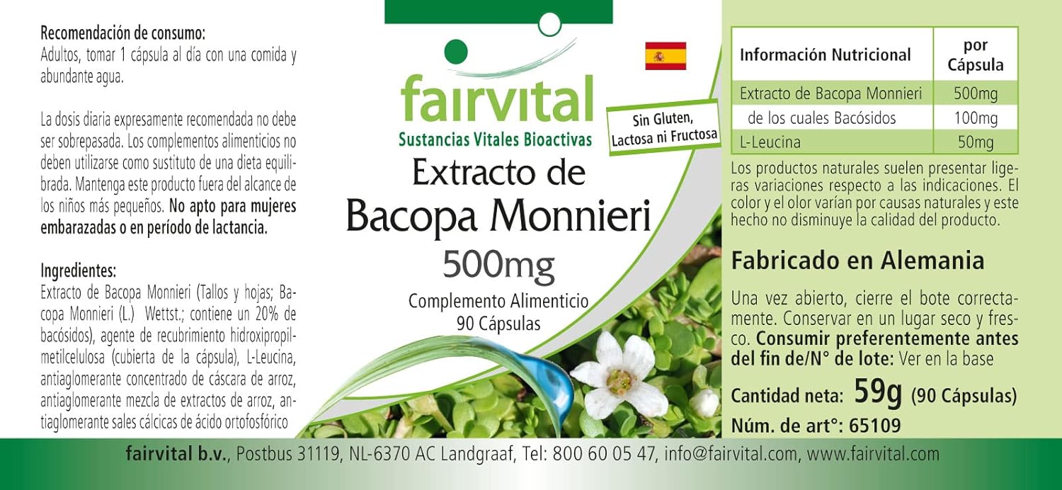 Fairvital | Bacopa Monnieri extract 500mg, Brahmi, vegan, without magnesium stearate, 90 bacopa capsules : Amazon.co.uk: Health & Personal Care