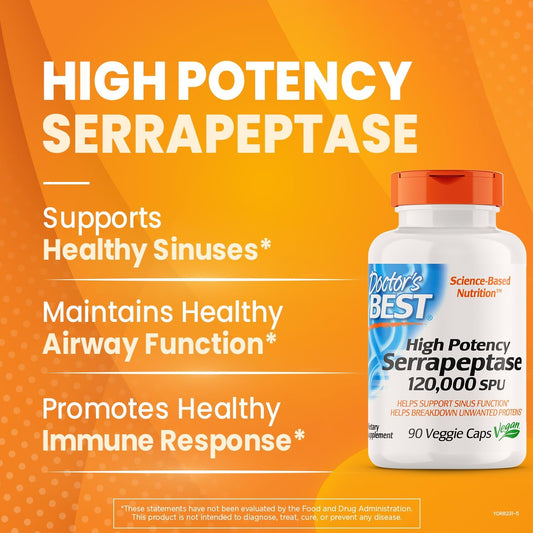 Doctors Best High Potency Serrapeptase, Supports Sinus Health 120,000 Spu, Non-Gmo, Vegan 90 Veggie Caps