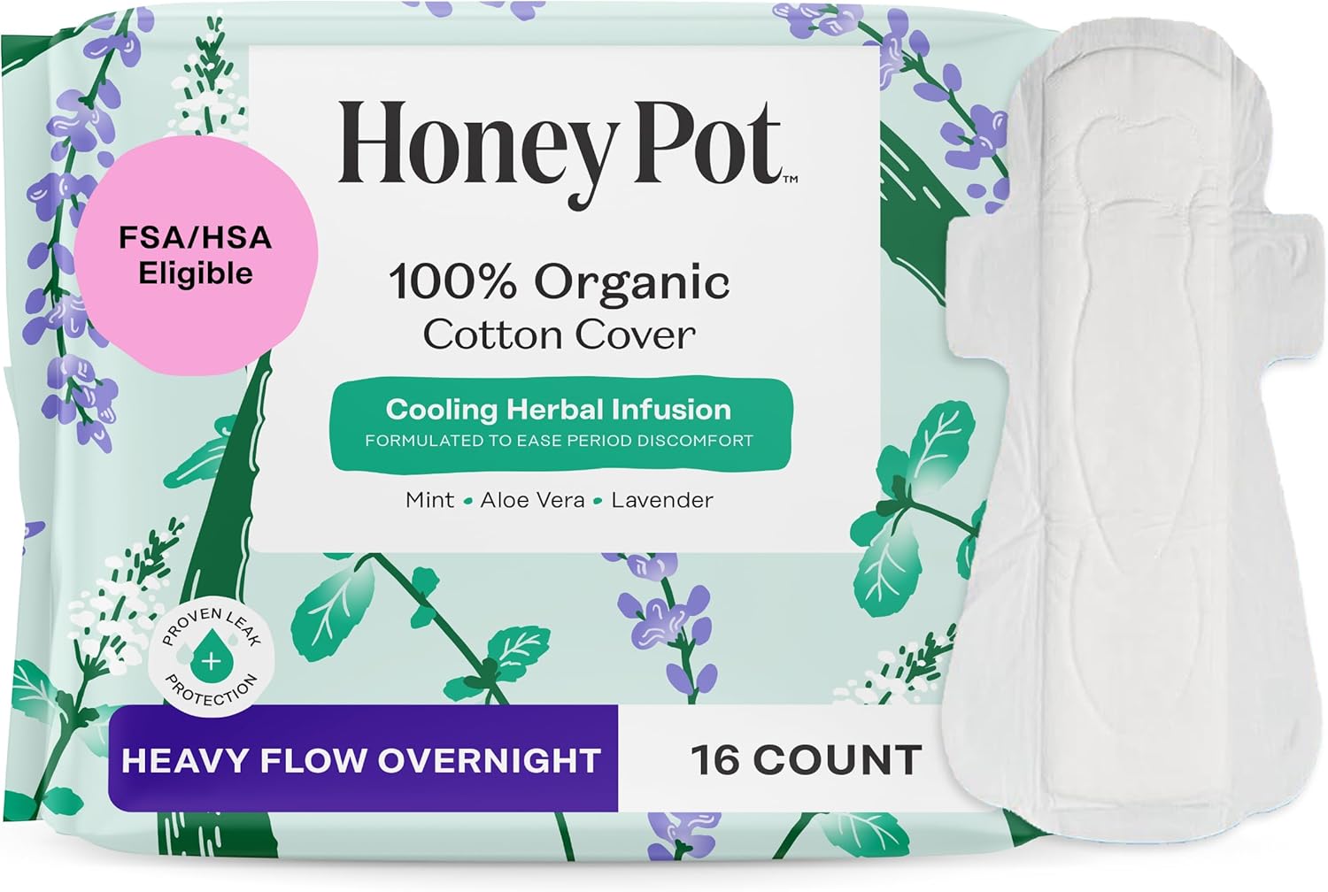 The Honey Pot Company - Herbal Sanitary Pads For Women - Heavy Flow Overnight W/Wings - Infused W/Essential Oils For Cooling Effect & Organic Cotton Cover - Feminine Care - Fsa & Hsa - 16 Ct