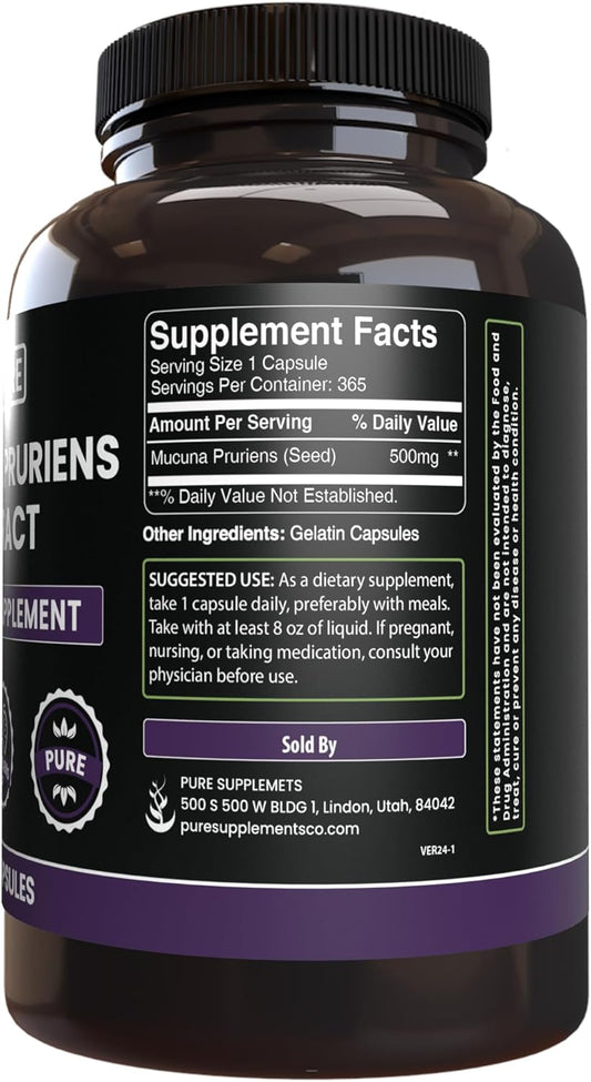 Pure Original Ingredients Mucuna Pruriens (365 Capsules) No Magnesium Or Rice Fillers, Always Pure, Lab Verified