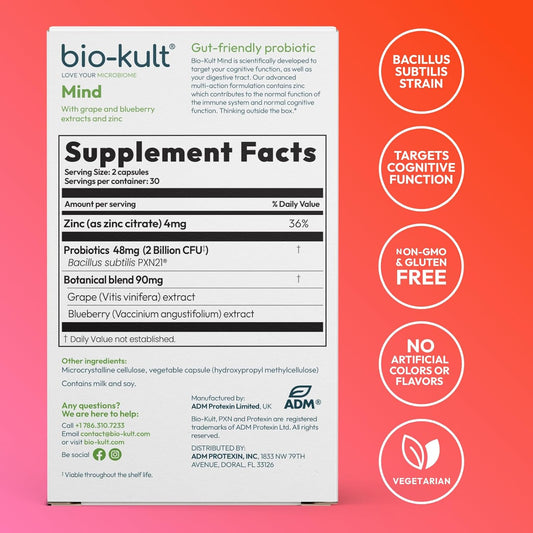 Bio-Kult Mind | Bacillus + Zinc, Grape & Blueberry Extracts | Brain & Gut Support | Cognitive Function | 60 Capsules