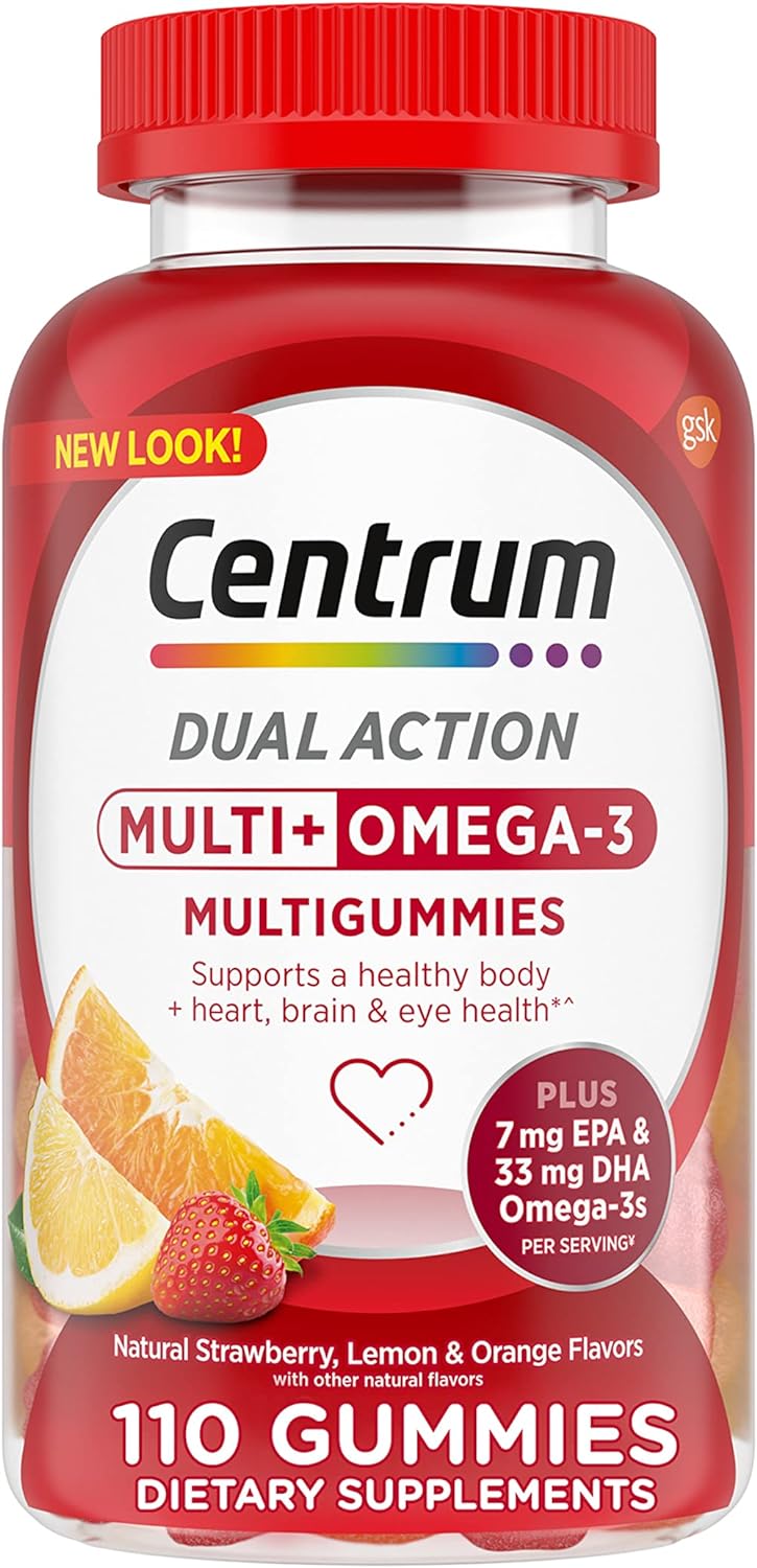 Centrum Multigummies Multi+ Omega 3 Dual Action, Adult Multivitamin, Multivitamin/Multimineral/Omega 3 Supplement, Strawberry/Lemon/Orange Avors - 110 Count