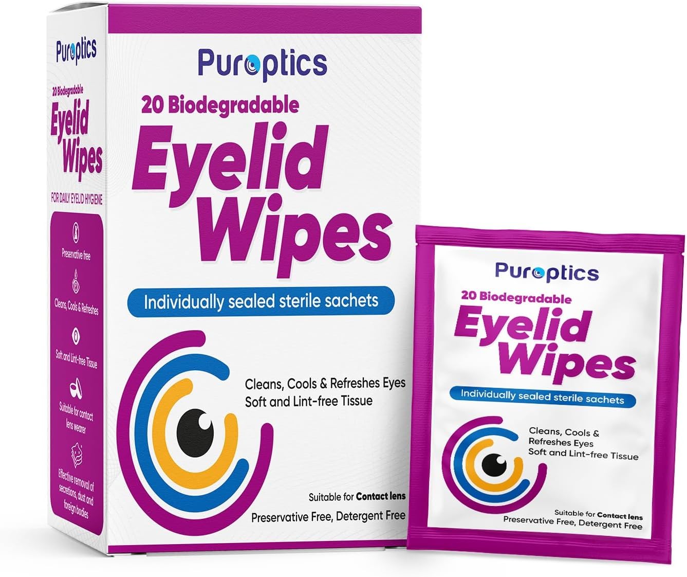 Puroptics Eyelid Wipes | Suitable For Use With Sensitive Eyes, Dry Eyes, Blepharitis & Mgd | Detergent And Preservative Free | 20 Individually Wrapped Eyelid Cleansing Wipes (1)
