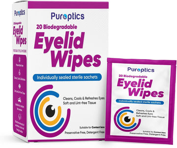 Puroptics Eyelid Wipes | Suitable For Use With Sensitive Eyes, Dry Eyes, Blepharitis & Mgd | Detergent And Preservative Free | 20 Individually Wrapped Eyelid Cleansing Wipes (1)