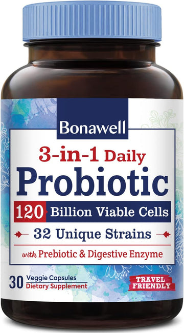 Bonawell Probiotics 120 Billion CFU 32 Strains with Prebiotics, Digestive Enzymes for Gut Health, 3-in-1 Daily Probiotic, Shelf-Stable, Delayed-Release, 30 Veggie Caps