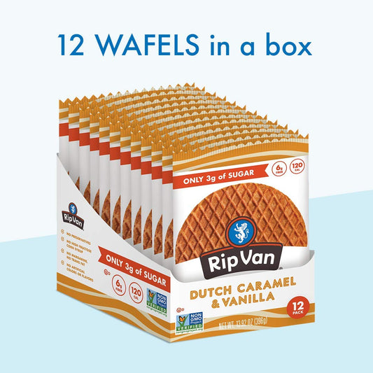 Rip Van Wafels Dutch Caramel & Vanilla Stroopwafels, Healthy Snacks, Non-Gmo, Low Calorie, Low Sugar (3G), Office Snacks, Keto Friendly, 12 Count