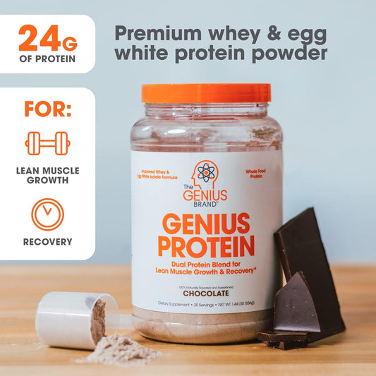 Genius Protein Powder, Chocolate - Dual Protein Blend With Improved Whey Isolate & Natural Egg White For Lean Muscle Building For Men & Women - Grass-Fed Pre & Post Workout Meal Replacement Shake