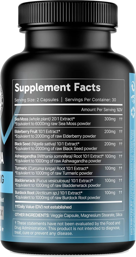 Sea Moss Capsules, All-In-One Irish Sea Moss Pills, Black Seed Oil, Elderberry Fruit, Ashwagandha Powder, Burdock Root & Bladderwrack, Seamoss Multimineral & Multivitamin Supplements 14,000Mg