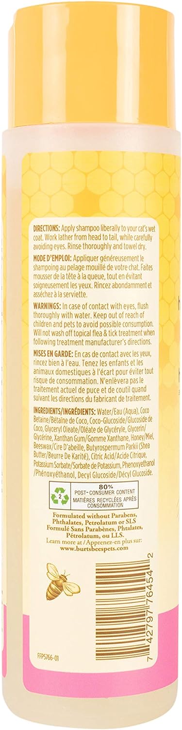 Burt's Bees for Pets Cat Hypoallergenic Cat Shampoo with Shea Butter & Honey | Best Shampoo for Cats with Dry or Sensitive Skin | Cruelty Free, Sulfate & Paraben Free, pH Balanced for Cats - 10oz