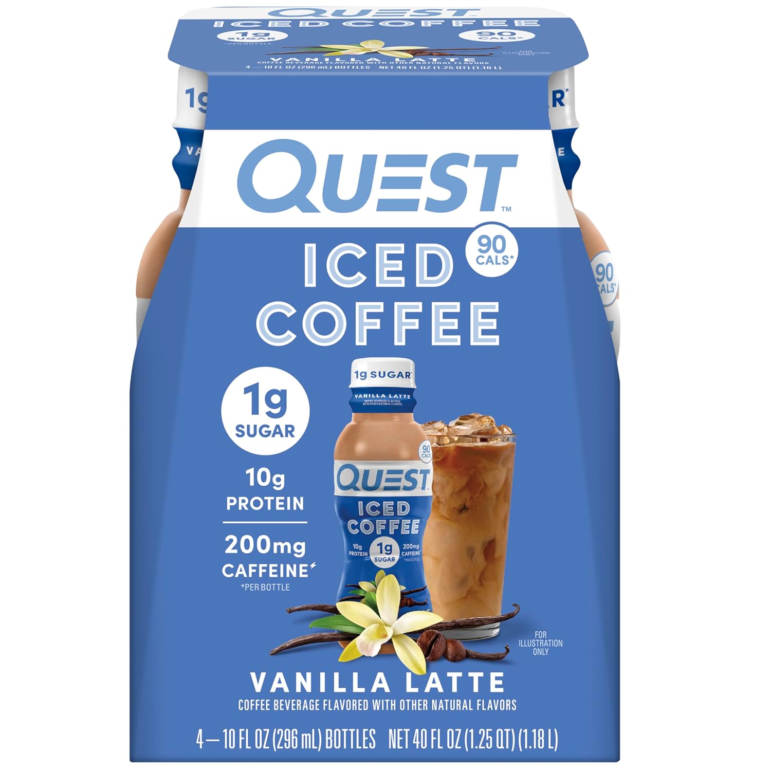 Quest Nutrition Iced Coffee, Vanilla Latte, 1G Of Sugar, 10G Of Protein, 90 Calories, 200Mg Of Caffeine, 4 Count