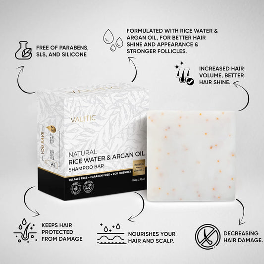 Valitic Rice Water & Argan Oil Shampoo Bar - Strengthens And Promotes Hair Revitalization - Sls & Paraben Free - Vegan Eco Friendly - Natural Vitamin C & Keratin - For All Hair Types