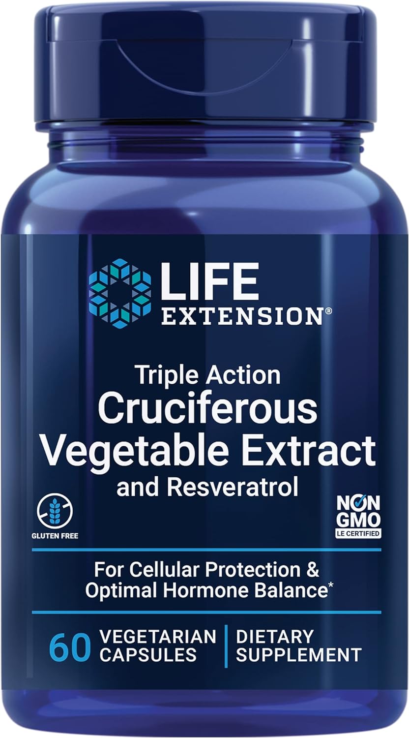 Life Extension Triple Action Cruciferous Vegetable Extract & Resveratrol, Broccoli, Cabbage, Resveratrol, Supports Cellular Protection, Gluten-Free, Non-Gmo, Vegetarian, 60 Capsules