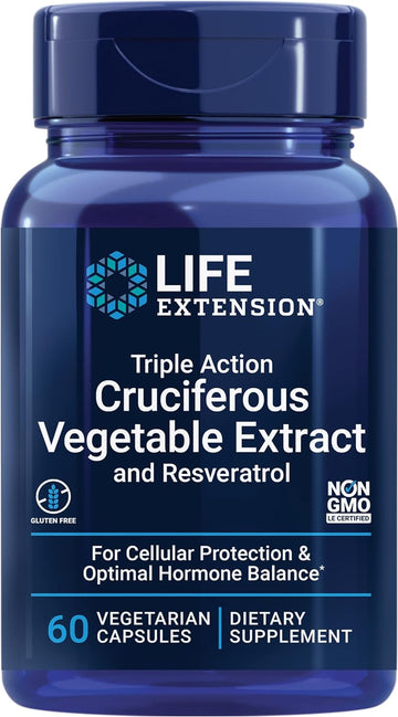 Life Extension Triple Action Cruciferous Vegetable Extract & Resveratrol, Broccoli, Cabbage, Resveratrol, Supports Cellular Protection, Gluten-Free, Non-Gmo, Vegetarian, 60 Capsules