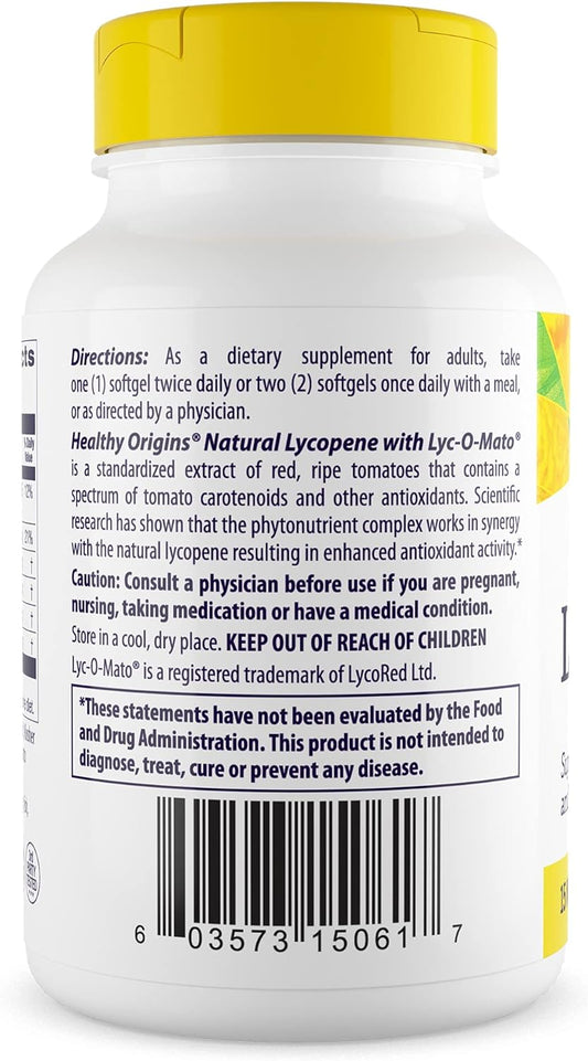 Healthy Origins Lycopene (Natural), 15 mg - Antioxidant Supplement - Supports Heart Health & Prostate Health - Non-GMO - Gluten-Free Supplement - 60 Softgels