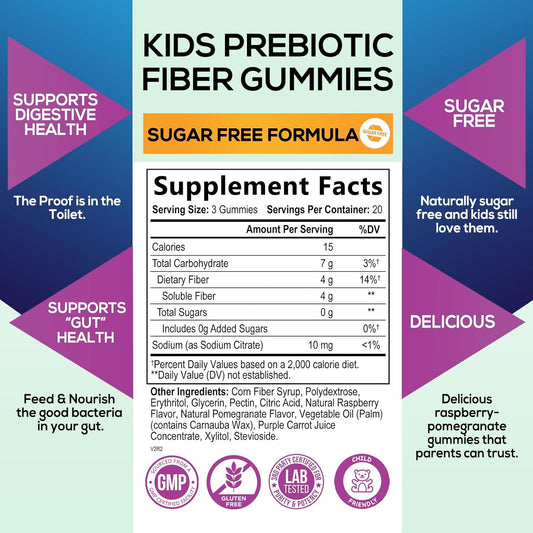 Kids Fiber Gummy Bears Supplement - Sugar Free Daily Prebiotic Fiber for Kids, Supports Regularity, Digestive Health & Immune Support - Nature's Plant Based Vitamins, Vegan, Berry Flavor - 60 Gummies