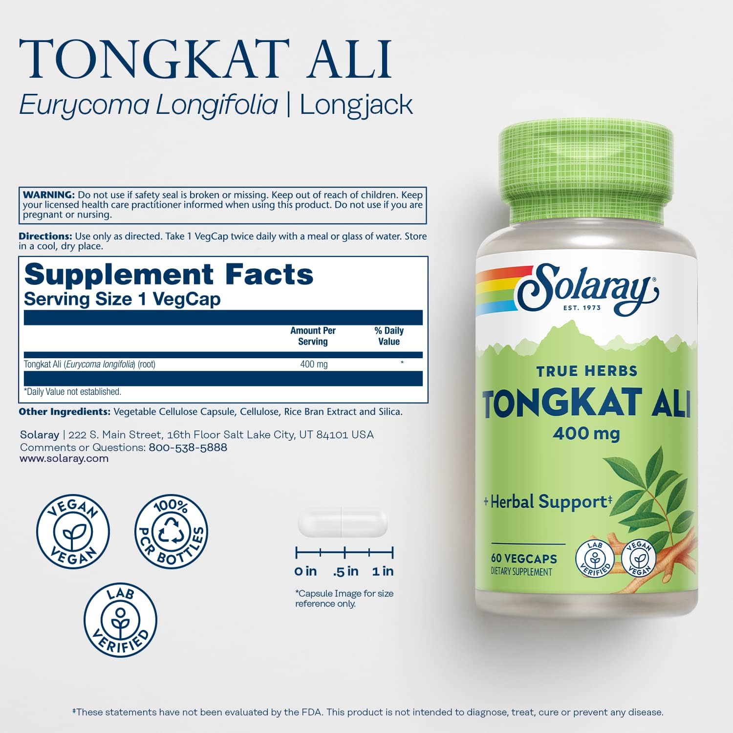 SOLARAY Tongkat Ali 400 mg, Vegan, Longjack Tongkat Ali for Men, Traditional Support for Male Performance, Drive, and Reproductive Health, Natural Energizer, 60 Servings, 60 VegCaps