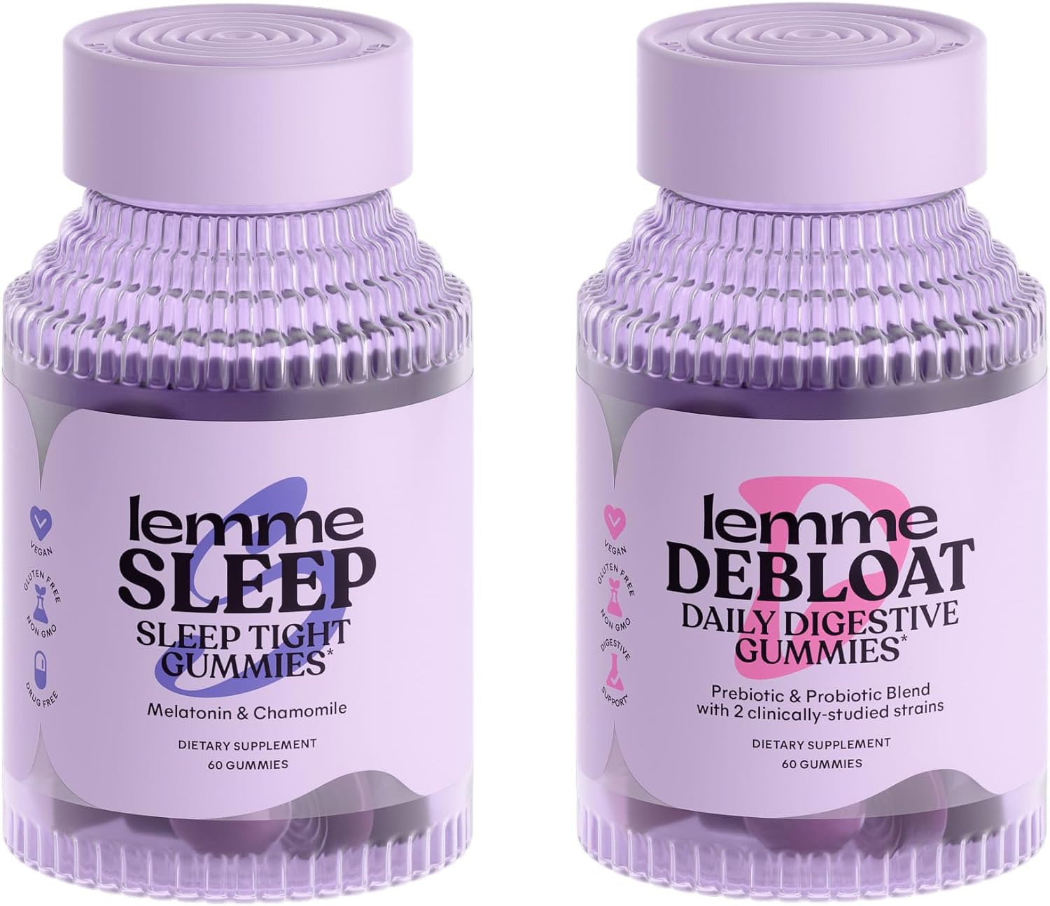 Lemme Sleep & Debloat Bundle - Sleep Gummies, a Drug-Free Nighttime Aid & Debloat Gummies for Digestive & Gut Health, Probiotics & Prebiotics - Vegan, Gluten Free, Gelatin Free, Non-GMO - 60 Ct. Each