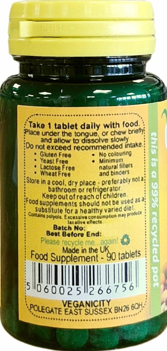 Veganicity B12 1000µg Sublingual (Blackcurrant Flavour) : Vitamin B12 Supplement : 90 Tablets, In A Planet-Friendly 99% Recycled Pot