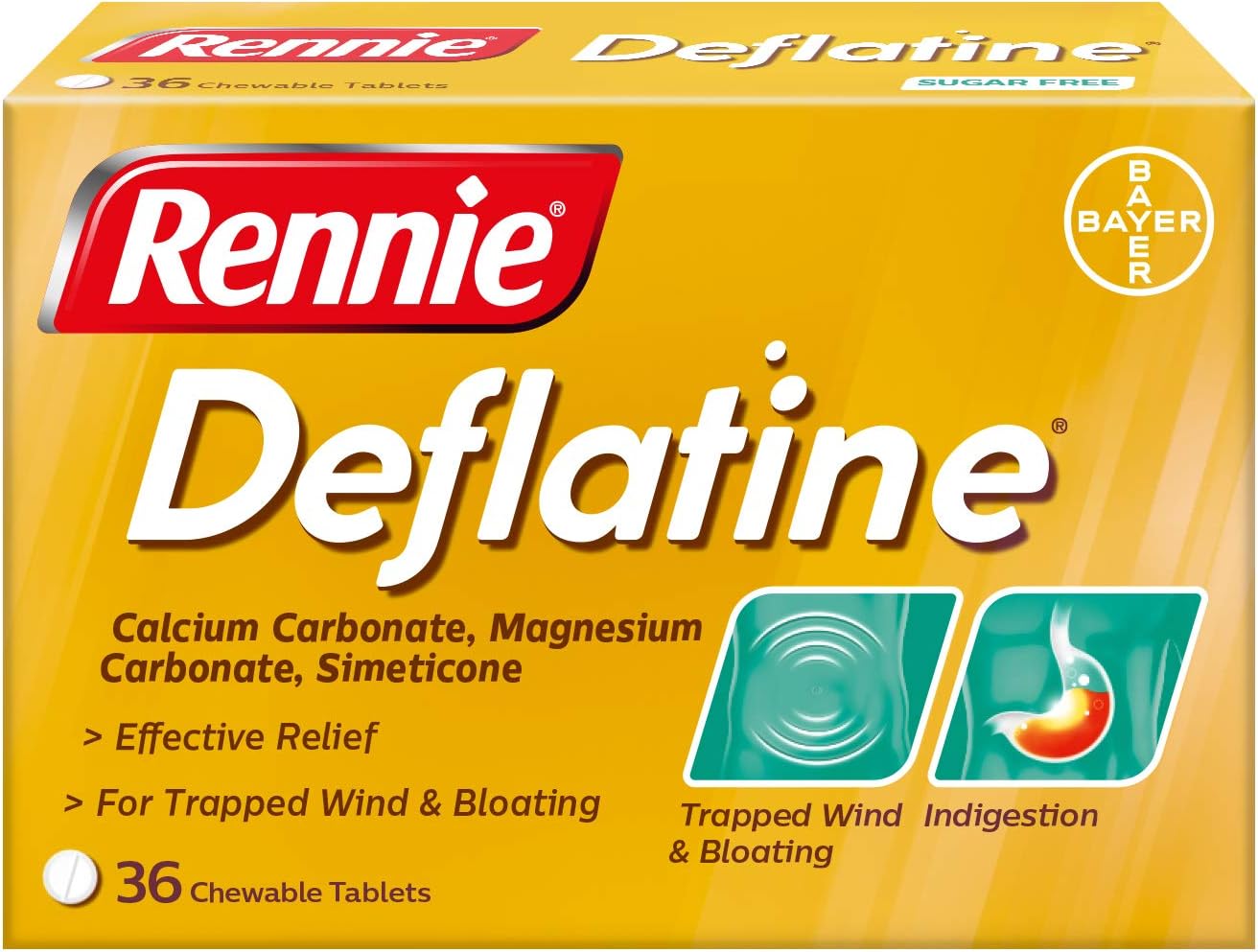 Rennie Deflatine, Trapped Wind And Bloating Tablets, Fast And Effective Heartburn Relief And Indigestion Relief, Sugar Free Mint, 1 Pack Of 36 Tablets