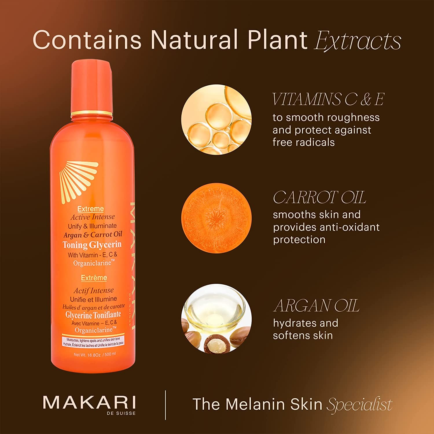 Makari Extreme Active Intense Argan And Carrot Oil Tone-Boosting Body Glycerin (16.8 Oz) | Fades Spots & Marks | Helps Brighten Complexion | Hydrates And Softens | For All Skin Types Except Sensitive : Beauty & Personal Care