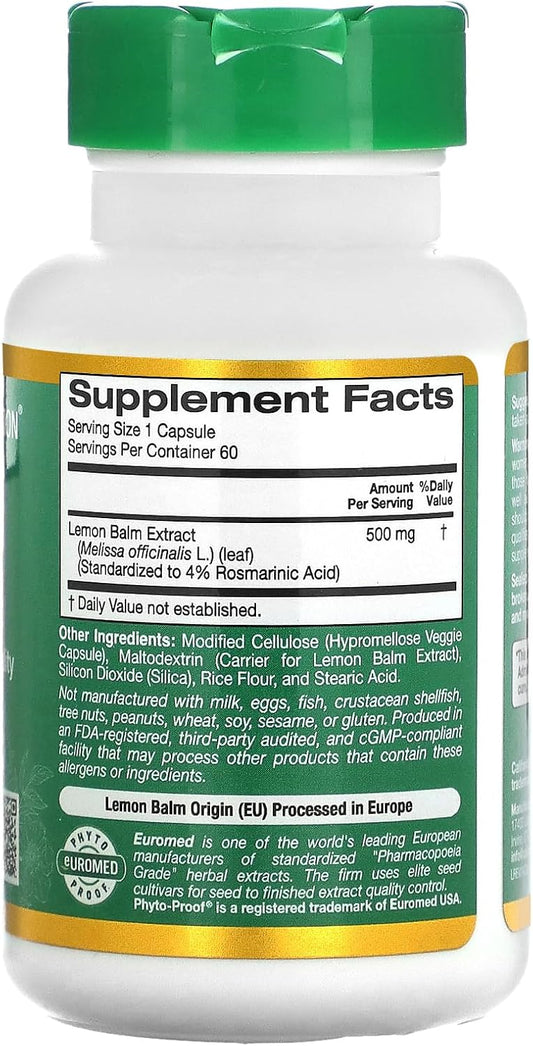 California Gold Nutrition Euroherbs, Lemon Balm Extract, Euromed Quality, 500 Mg, 60 Veggie Capsules