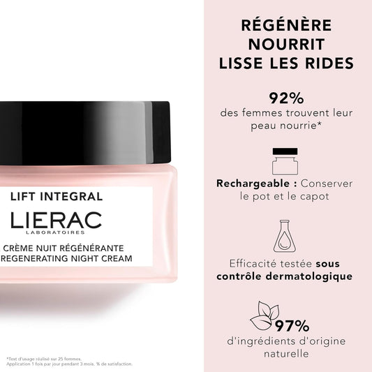 Lierac Lift Integral Regenerating Night Cream, Regenerates, Nourishes, Smoothes Wrinkles, Anti-Wrinkle, Facial Moisturizer, Firming & Smoothing Cream For Night Use - 50Ml