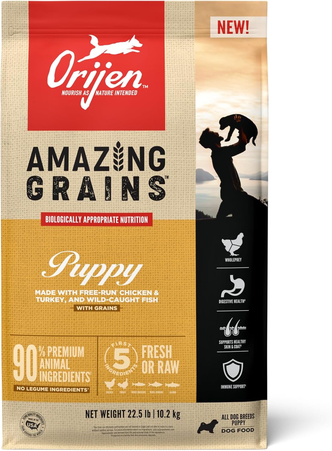 Orijen Amazing Grains Puppy Dry Dog Food, High Protein Dog Food For Puppies, Fresh Or Raw Ingredients, 22.5Lb