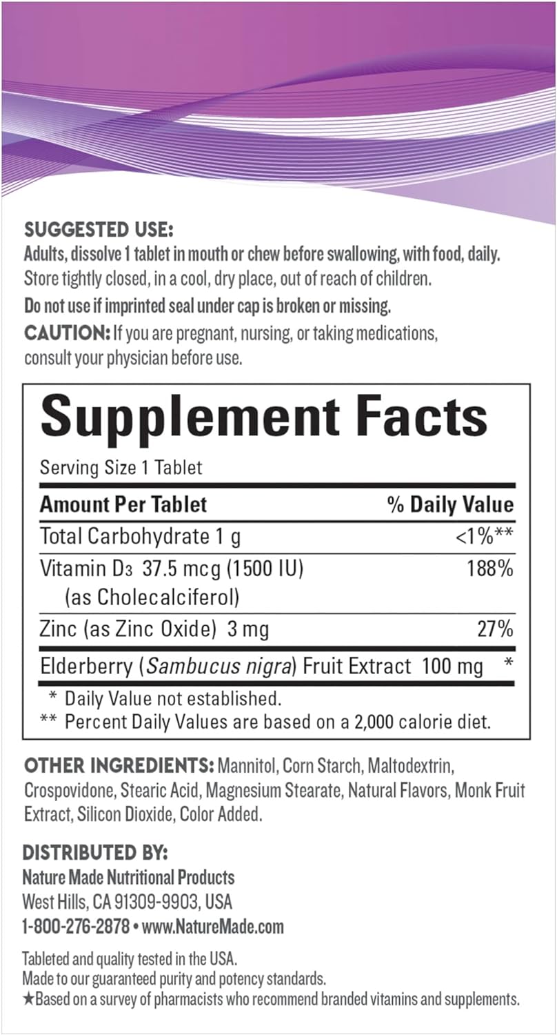 Nature Made Wellblends Elderberry with ImmuneCare, Vitamin D3 and Zinc, with Elderberry Flavor, 30 Fast Dissolve Tablets : Health & Household