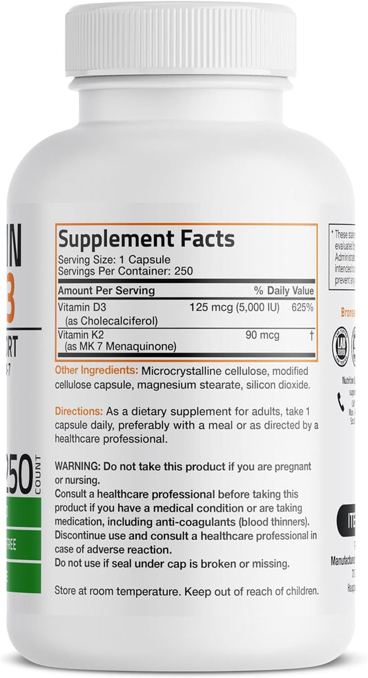 Bronson Vitamin K2 (Mk7) With D3 Supplement Bone And Heart Health Non-Gmo Formula 5000 Iu Vitamin D3 & 90 Mcg Vitamin K2 Mk-7 Easy To Swallow Vitamin D & K Complex, 250 Capsules