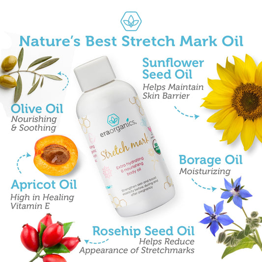 Era Organics Organic Stretch Mark Oil For Pregnancy - Extra Moisturizing Belly Oil For Pregnancy - Pregnancy Oil To Prevent Stretch Marks - Pregnancy Must Haves