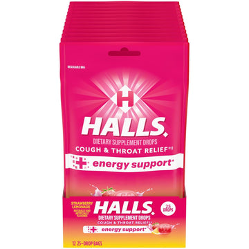 Halls Relief + Energy Support, Strawberry Lemonade Cough Drops, 12 Bags Of 25 Drops (300 Total Drops)