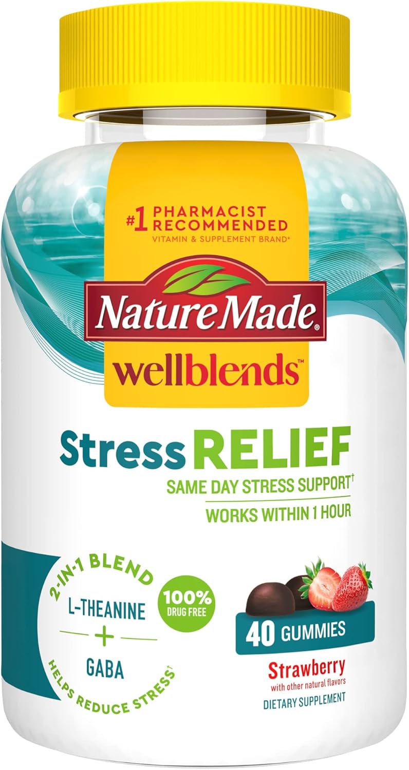 Nature Made Wellends Stress Relief Gummies, L Theanine 200Mg To Help Reduce Stress, With Gaba 100Mg, Same Day Stress Support, 40 Strawberry Avor Gummies