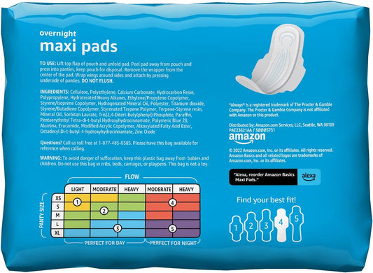 Amazon Basics Thick Maxi Pads With Wings For Periods - Overnight Absorbency, Unscented, Size 4, 28 Count (Previously Solimo)