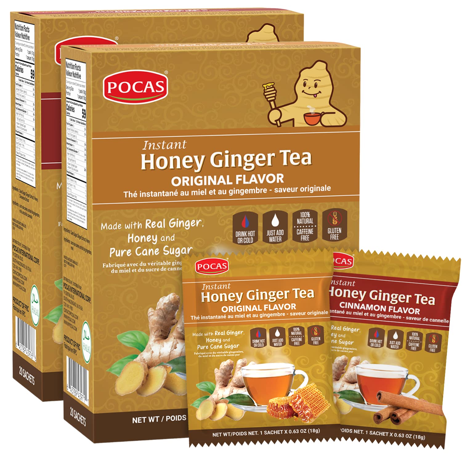 Pocas Honey Ginger Tea Variety Set - Instant Tea Powder Packets, Ginger Honey Crystals, Original & Cinnamon Flavors, Non-Gmo/Gluten Free/Caffeine Free, 20 Count (Pack Of 2)