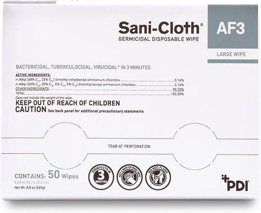H59200 Sani-Cloth Af3 Wipes, Large Individual Packets, 5" X 8", Fragnance Free, White