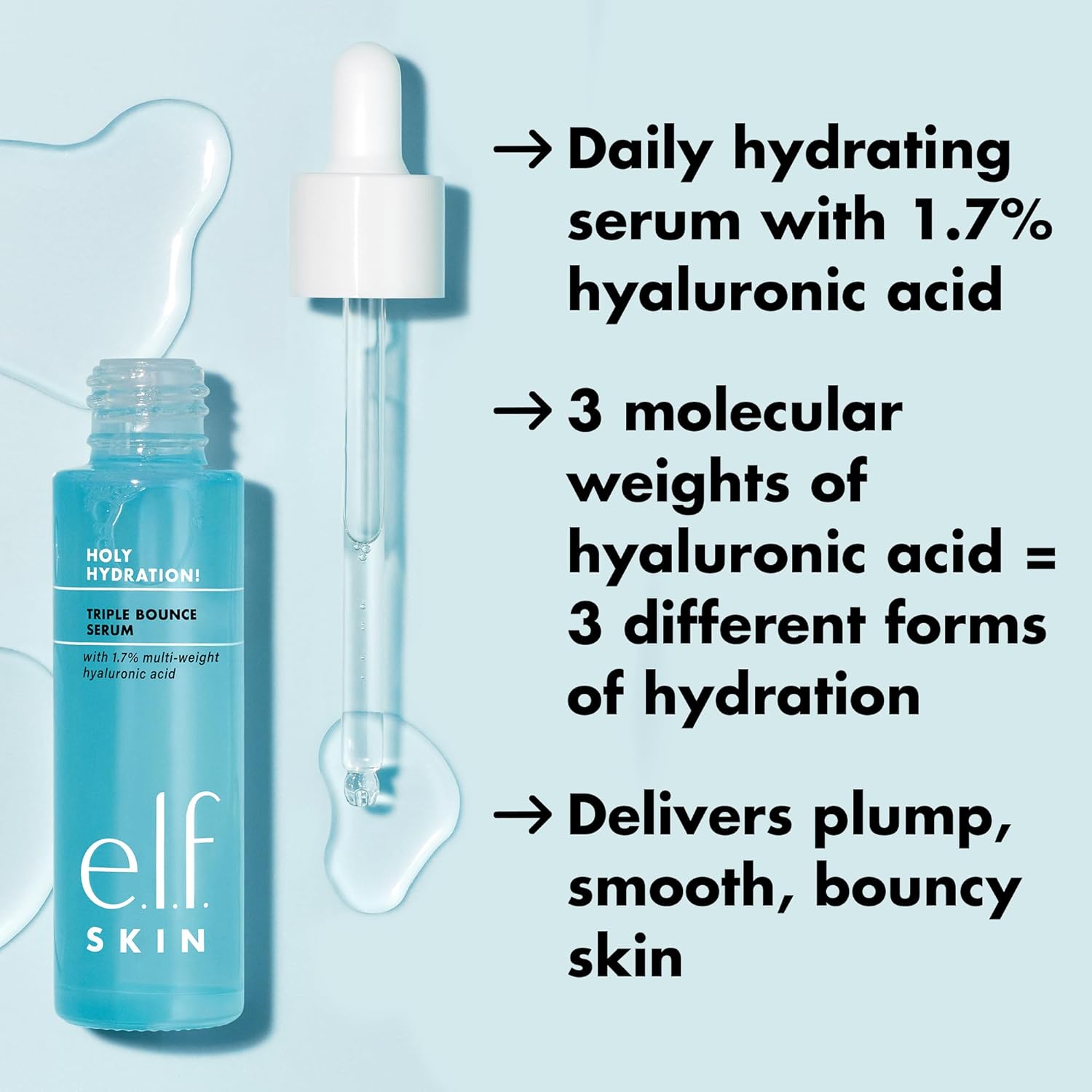 e.l.f. SKIN Holy Hydration! Triple Bounce Serum, 1.7% Hyaluronic Acid Serum For Plump, Bouncy Skin, Great For Hydrating Dry Skin : Beauty & Personal Care