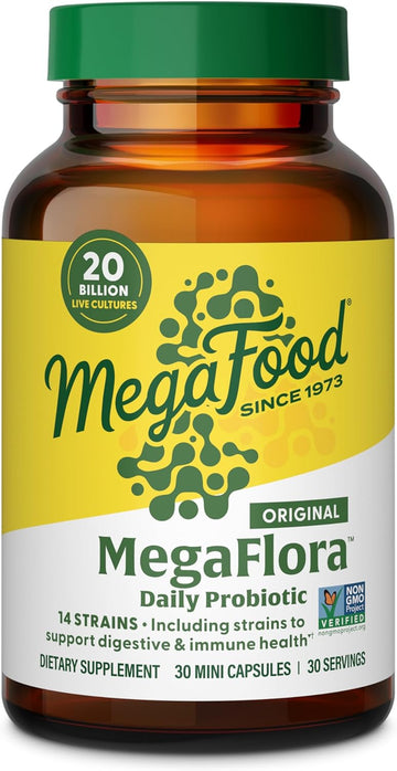 MegaFood MegaFlora Probiotic - Probiotics for Women & Men - Probiotics for Digestive Health & Immune Support - 20 Billion CFU - 14 Strains - Non-GMO - Vegan - Made Without 9 Food Allergens - 30 Caps