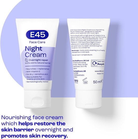 E45 Face Night Cream - Nourishing Night Moisturiser To Restore Skin Barrier – For Sensitive Skin & Eczema Prone Skin - Regenerative & Firming Night Cream - Perfume Free - Dermatologist Approved - 50Ml
