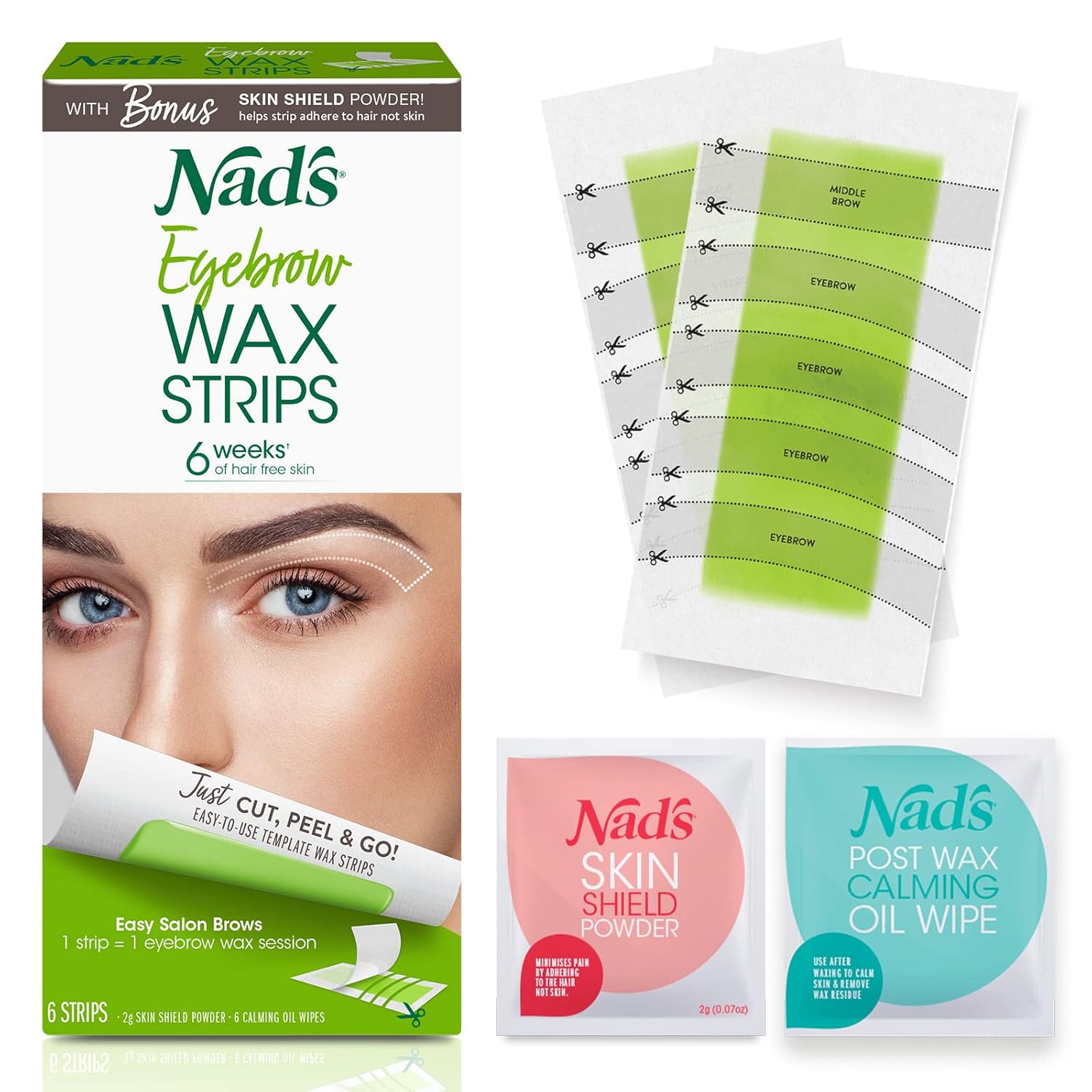 Nad'S Eyebrow Wax Strips - Facial Hair Removal For Women - Eyebrow Wax Kit With 6 Eyebrow Waxing Strips + 6 Calming Oil Wipes + 2G Skin Protection Powder, 1 Count