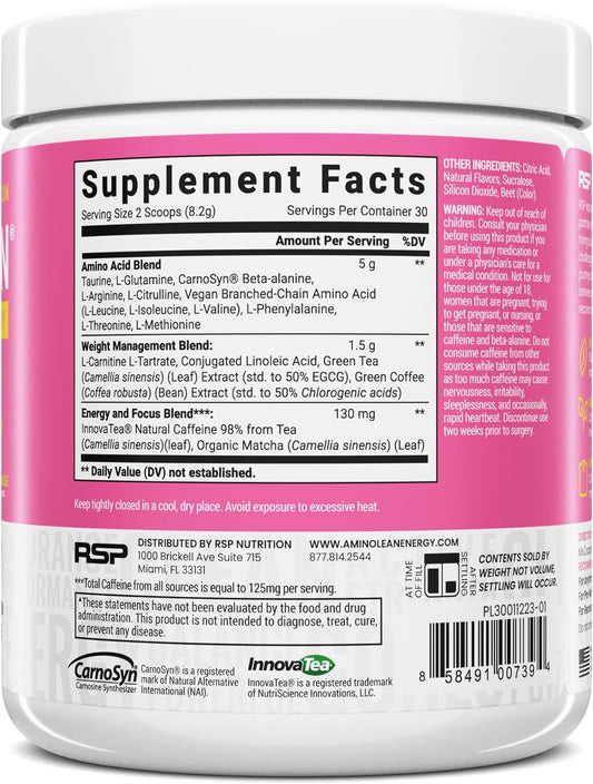 RSP NUTRITION AminoLean Pre Workout Powder, Amino Energy & Weight Management with Vegan BCAA Amino Acids, Natural Caffeine, Preworkout Boost for Men & Women, 30 Serv, Pink Lemonade?